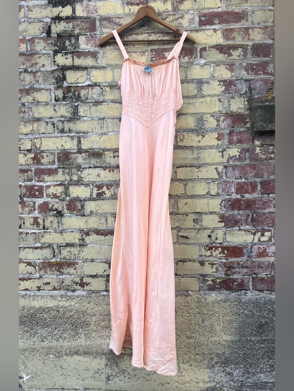 Vintage Art Deco Antique 40s Feminine Rayon Peach Pink Bow Maxi Slip Dress S